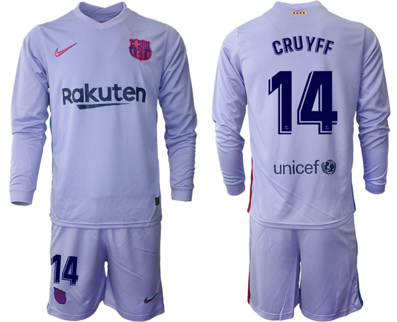 Men 2021-2022 Club Barcelona Second away purple Long Sleeve #14 Soccer Jerseys